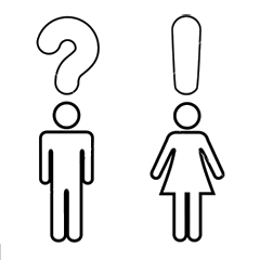 man under a question mark and woman under and exclamation point