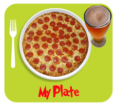 the USDA MyPlate graphic with pizza and beer