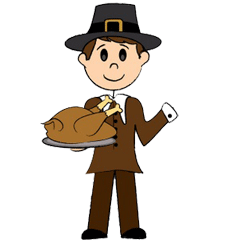 A pilgrim holding a turkey with one hand.