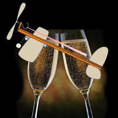rubber band airplane over two champagne glasses